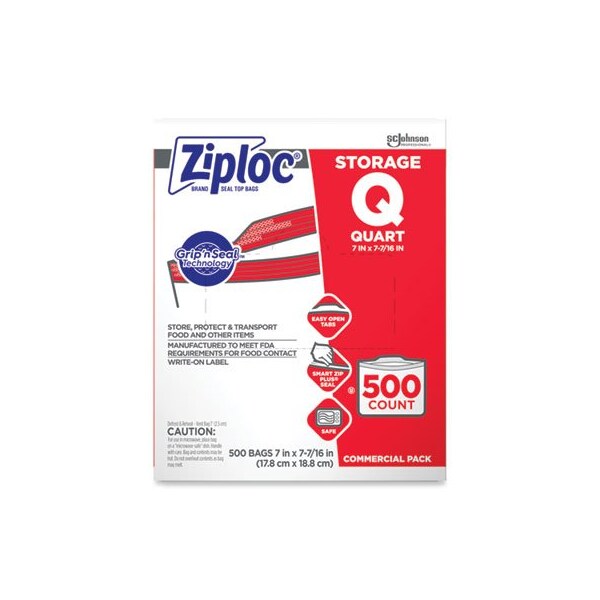Sc Johnson Ziploc, DOUBLE ZIPPER STORAGE BAGS, 1 QT, 1.75 MIL, 7in X 7.75in, CLEAR, 500/BOX 682256 - main